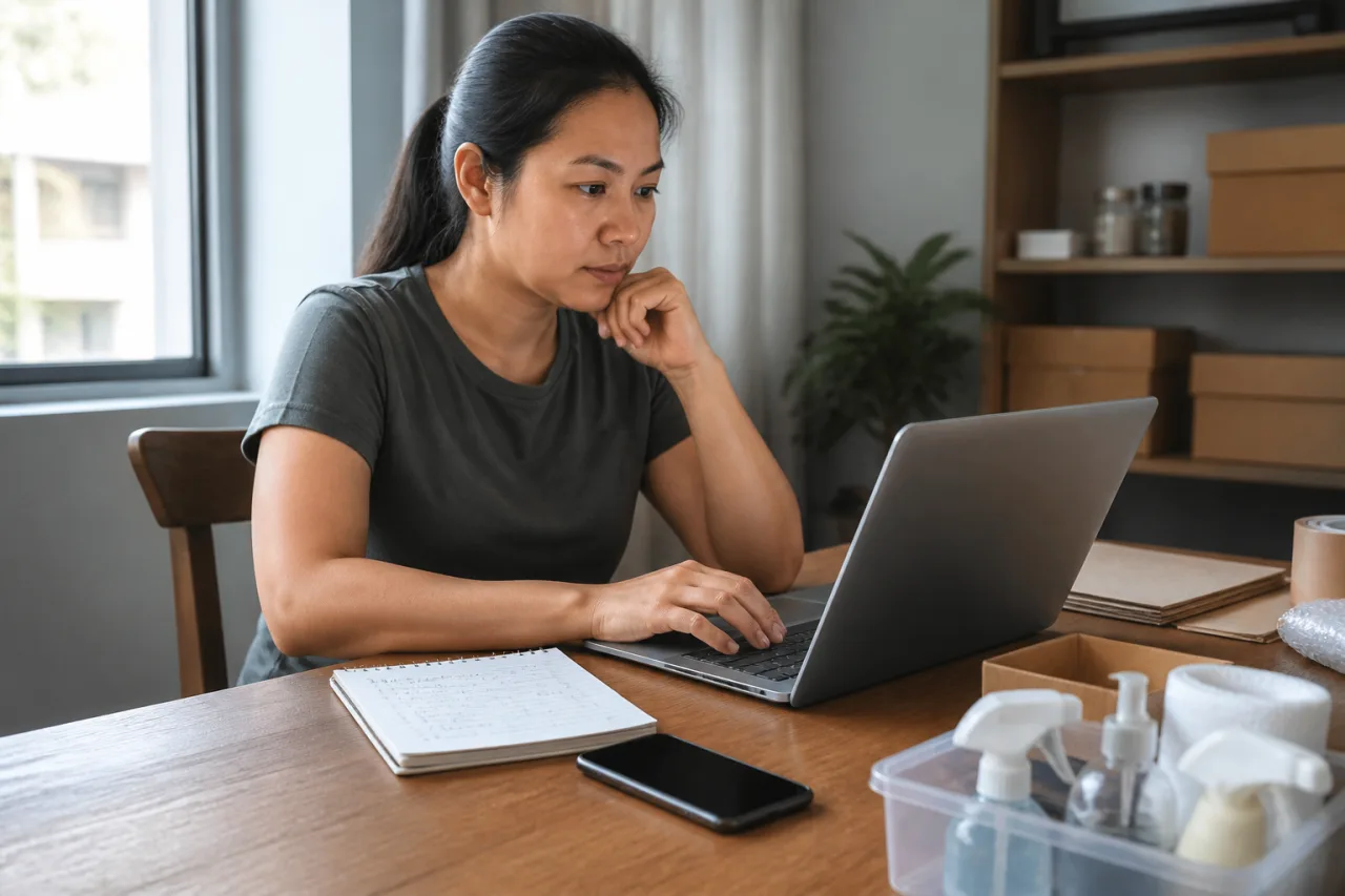 Side hustler preparing a listing and supplies for a first customer