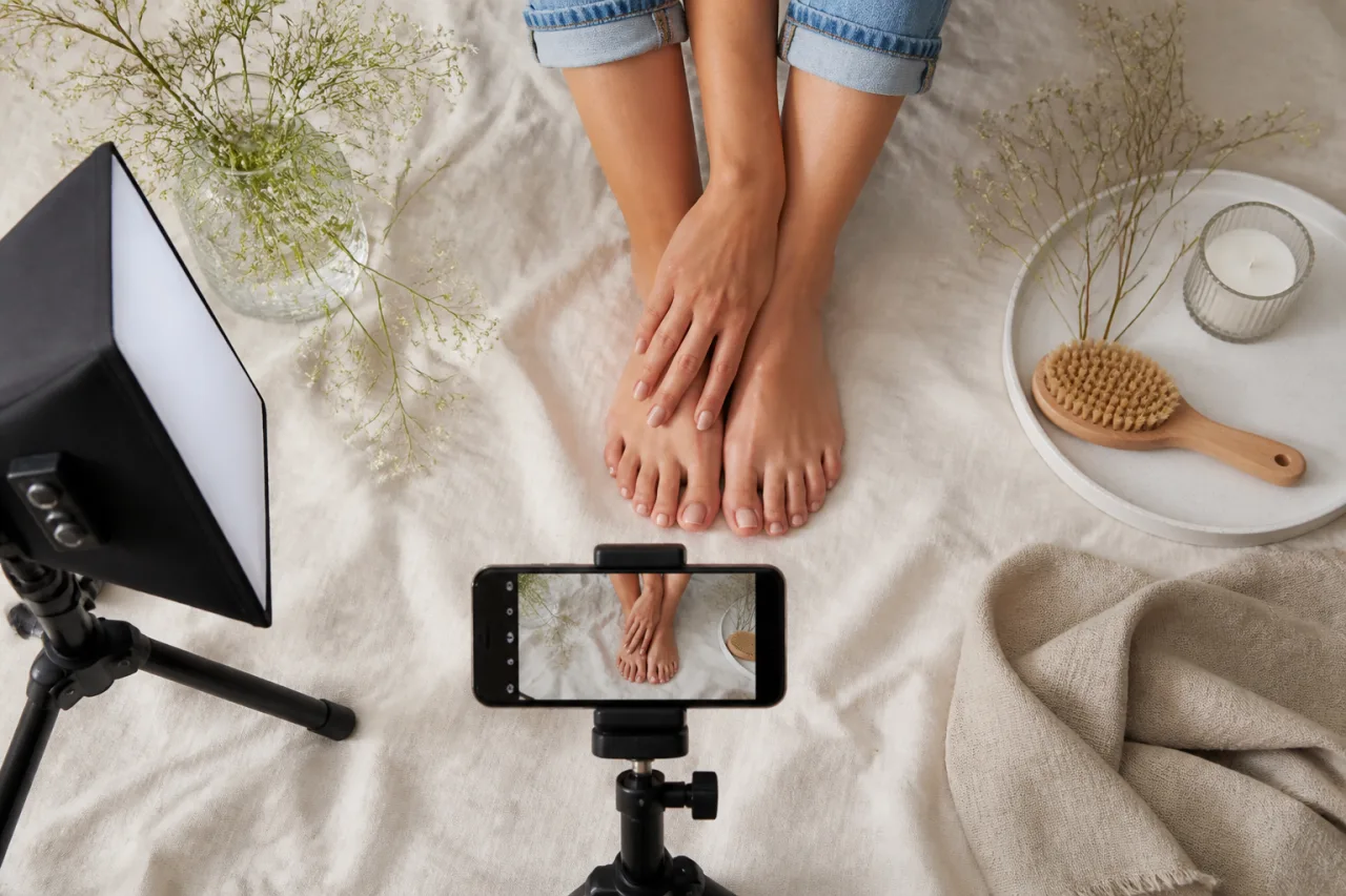 Iluminación sencilla y configuración de un teléfono para hacer fotos de pies