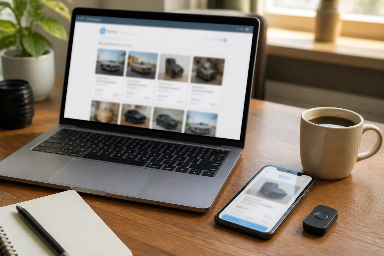 Anonymous seller preparing an online photo listing from a private workspace