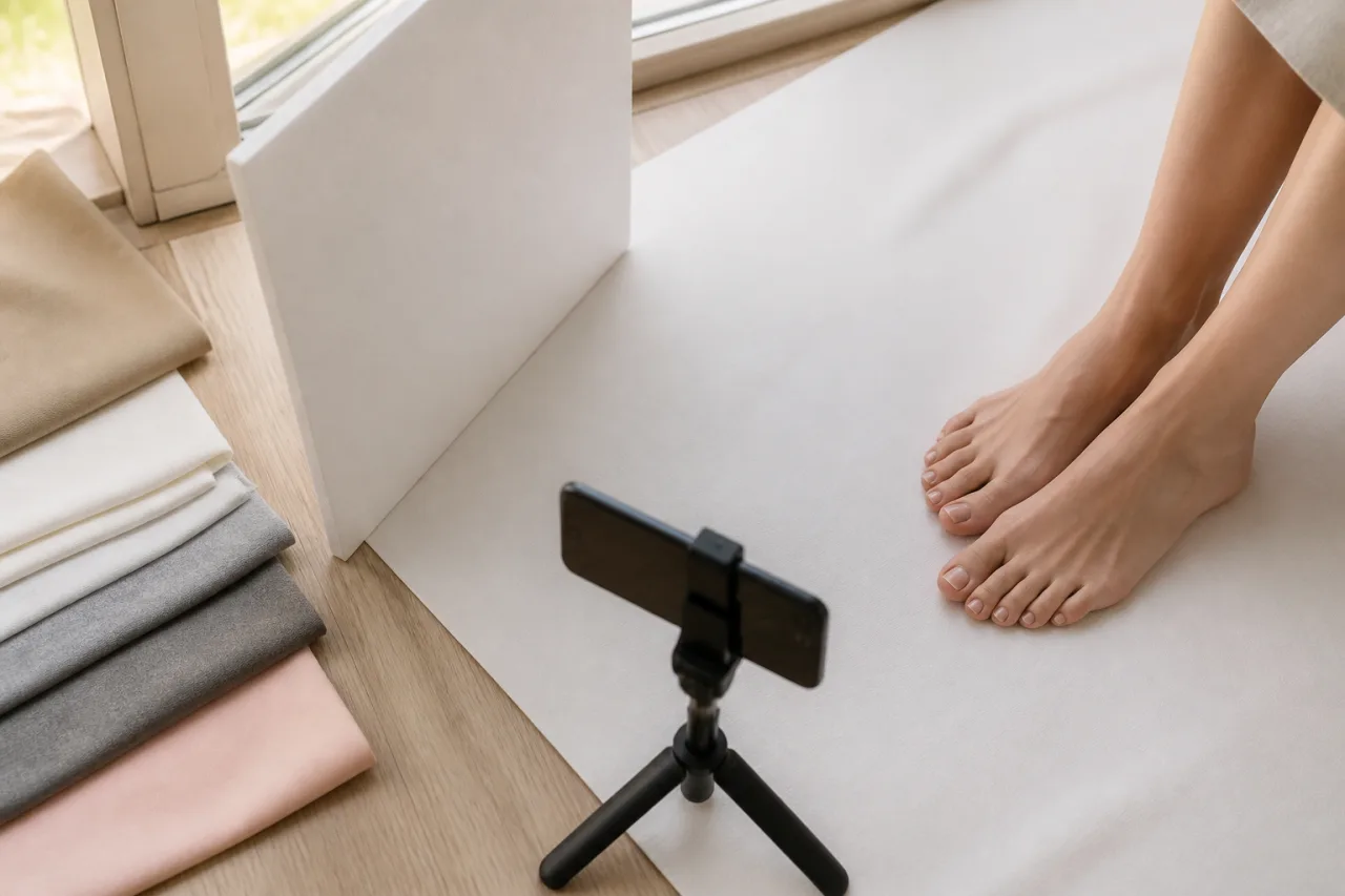 Einfaches Setup mit Smartphone und Fensterlicht für Fußfotografie
